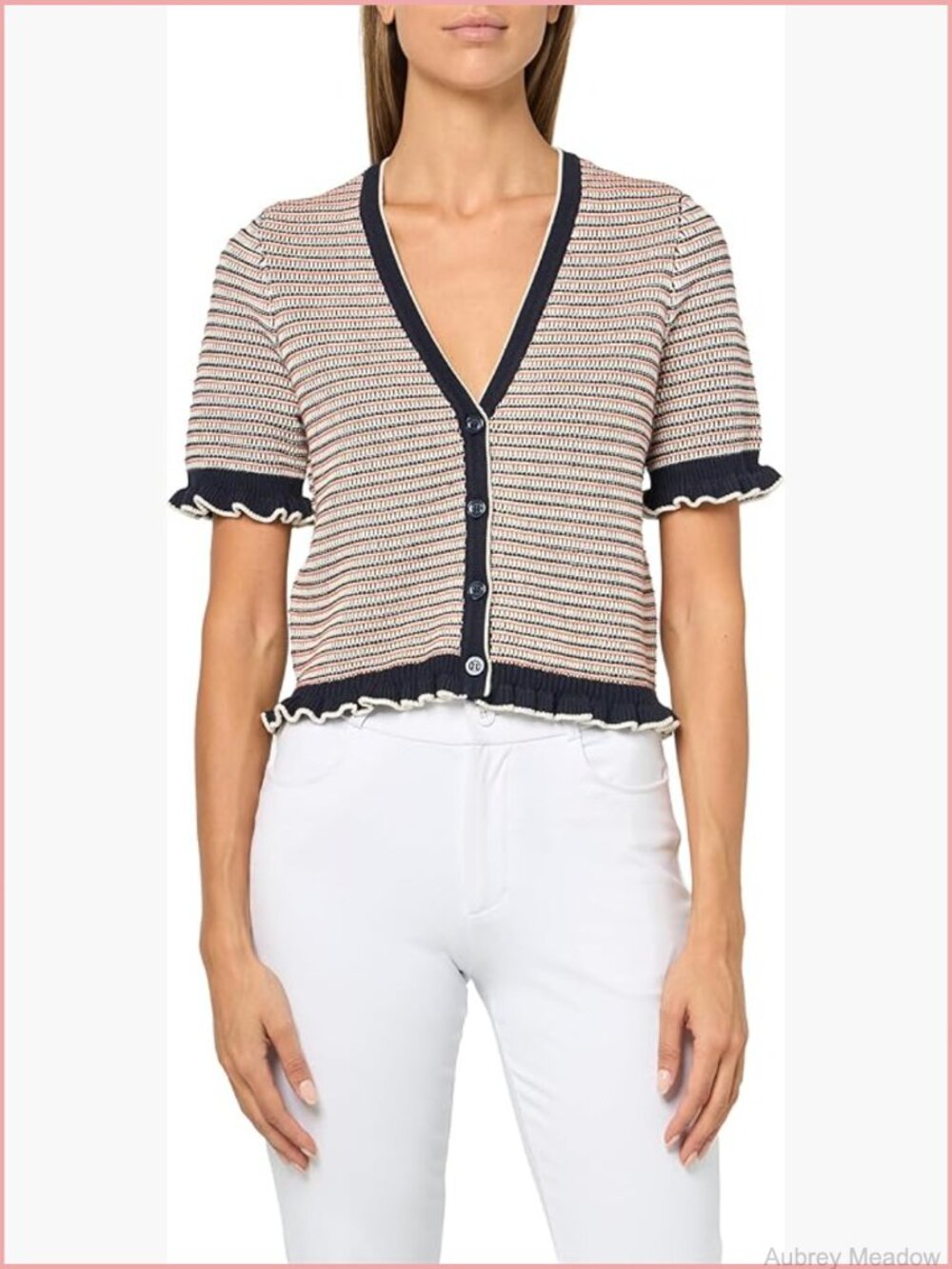 Button Front Short Sleeve Ruffle Cardigan Sweater - Picture 1 of 4